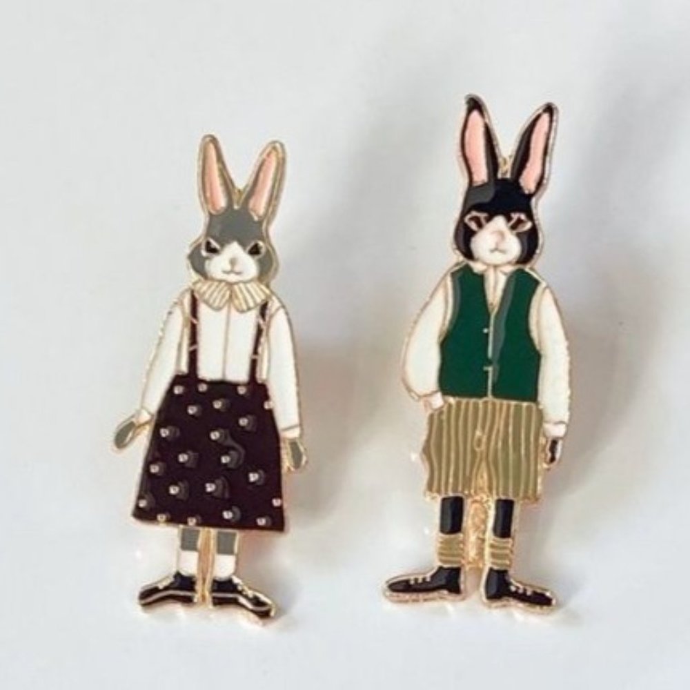 Rabbit couple pin set enamel gold friends bunnies boho